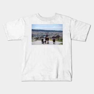 Woman Riding Horse With 3 Dogs and 2 Horses Kids T-Shirt